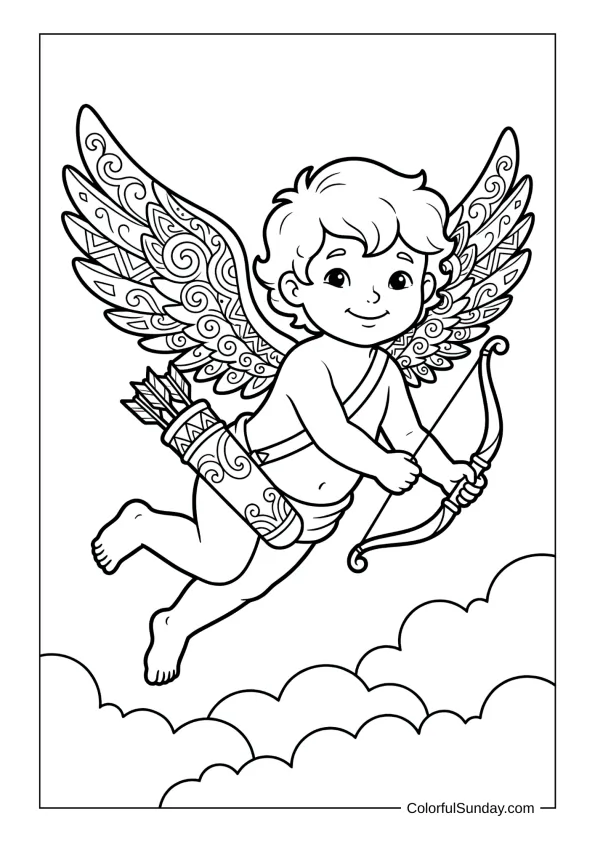 Sweet Cupid displaying beautiful feathered angel wings coloring page.
