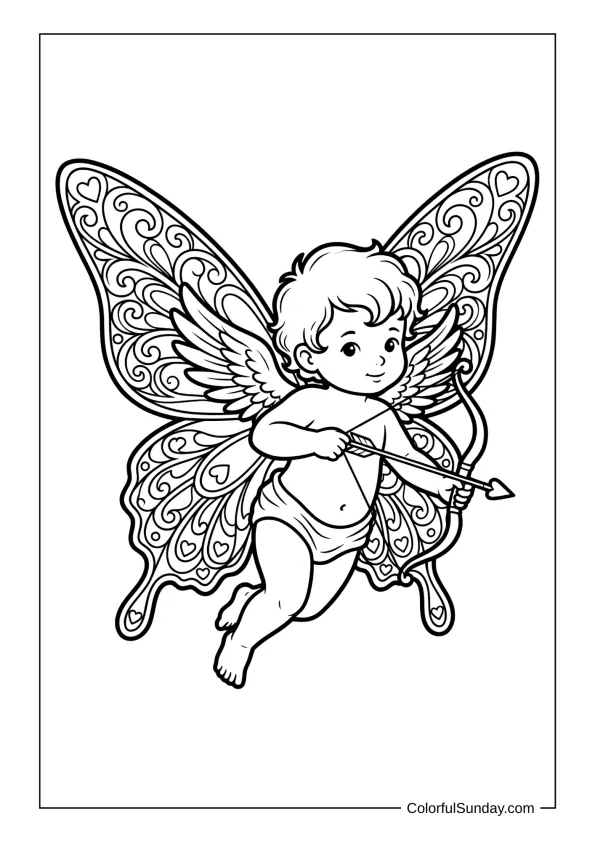 Unique Cupid with gorgeous butterfly wings and heart patterns coloring page.
