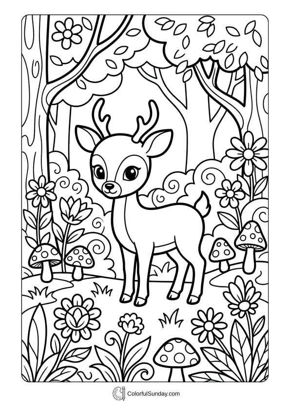 A coloring page featuring a cute deer standing in woodland with flowers, mushrooms, and gentle patterns.