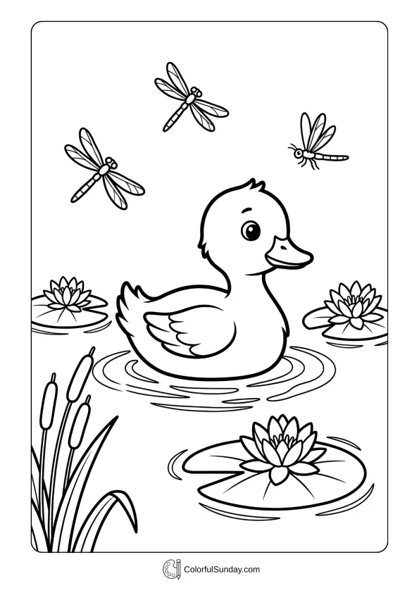 A coloring page of a cute duckling swimming in a pond with lily pads and dragonflies.