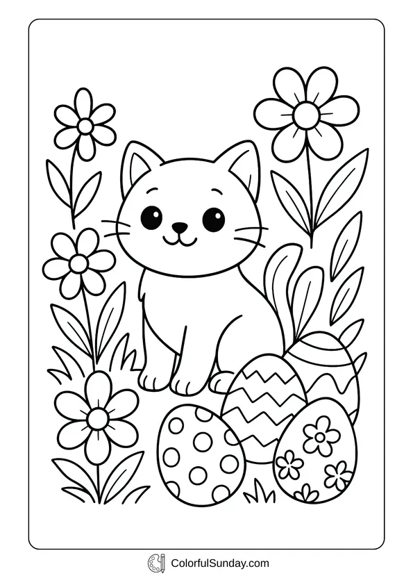 Pikachu From Pokemon Coloring Page A cheerful Easter cute cat surrounded by flowers and decorated eggs in a coloring page style.