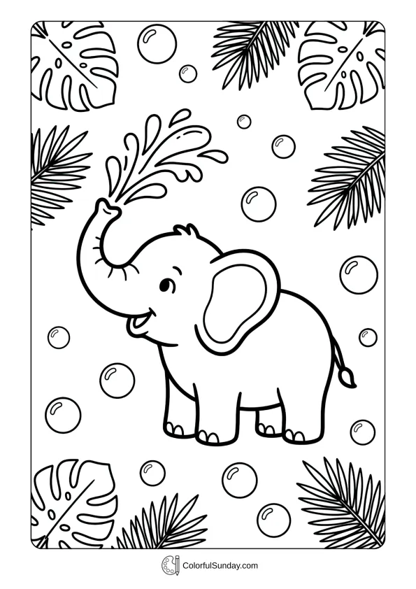 A coloring page of a cute elephant spraying water while playing with bubbles and tropical leaves.