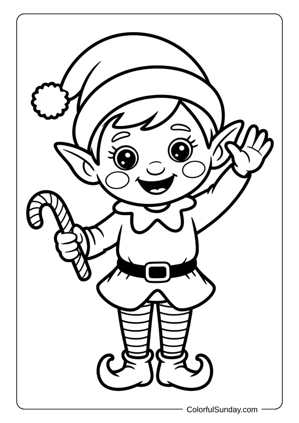 Cute Elf Waving Coloring Page Smiling Christmas elf holding a candy cane and waving in a joyful holiday coloring page.