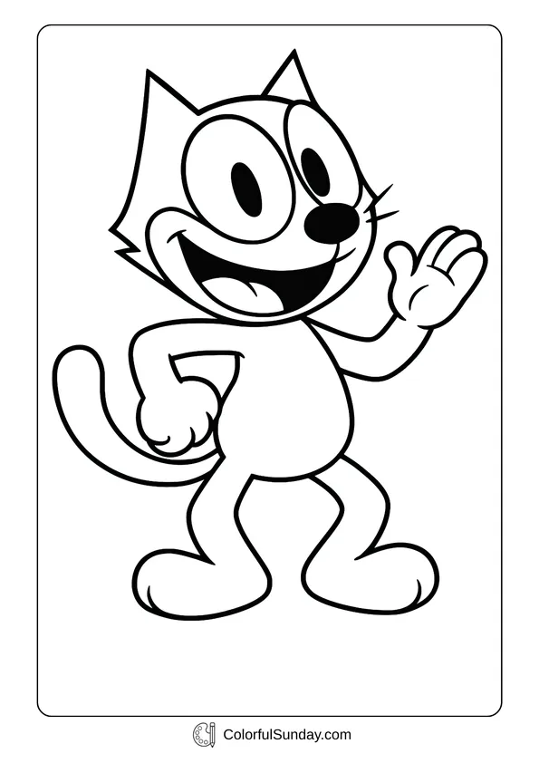 A classic cartoon Felix the Cat waving with a big smile in this fun coloring sheet.
