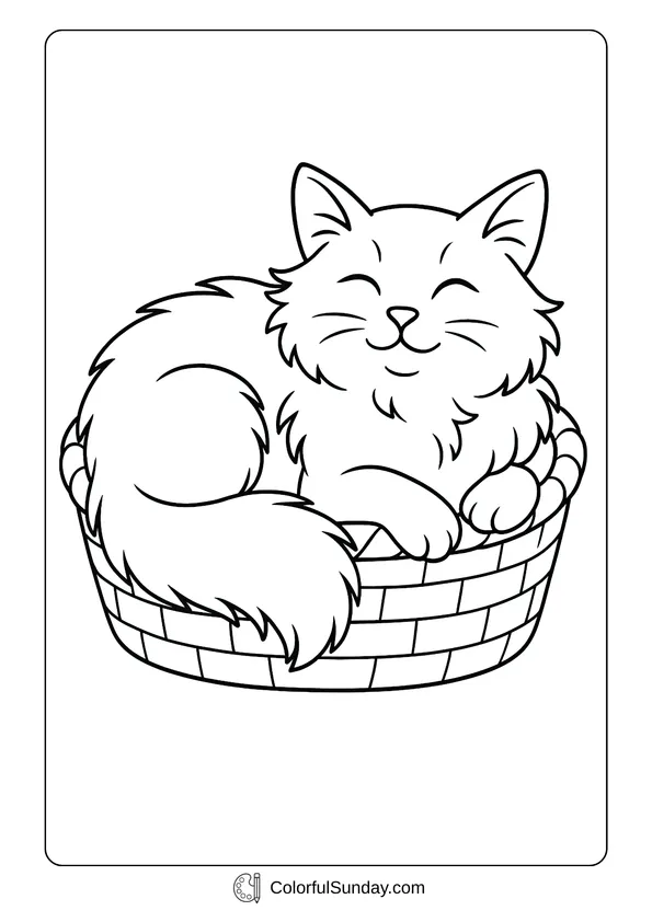 A fluffy cute cat curled up and smiling inside a woven basket in a coloring sheet.