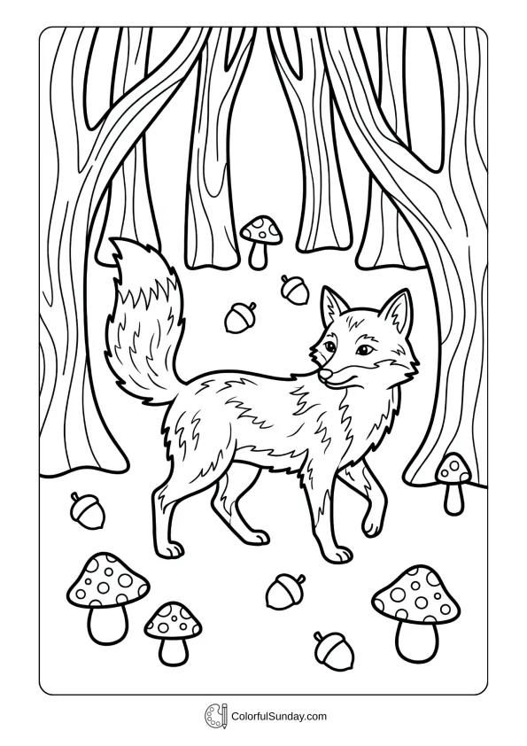 A cute fox wandering through forest trees coloring page with acorns and mushrooms around.