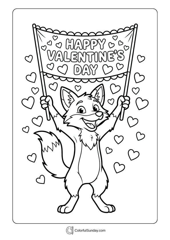 An adorable fox holds up a heart banner amid falling hearts on a Valentine's Day coloring page.