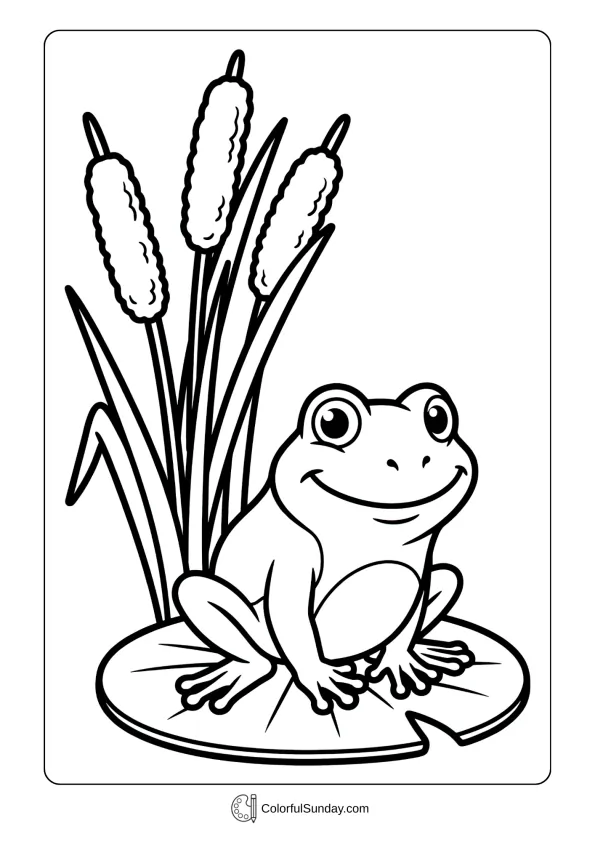 A cute frog sitting on lily pad in this coloring page with cattails and smiling expressions.