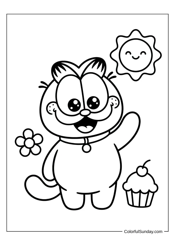 Cute kawaii Garfield waving hello coloring for kids