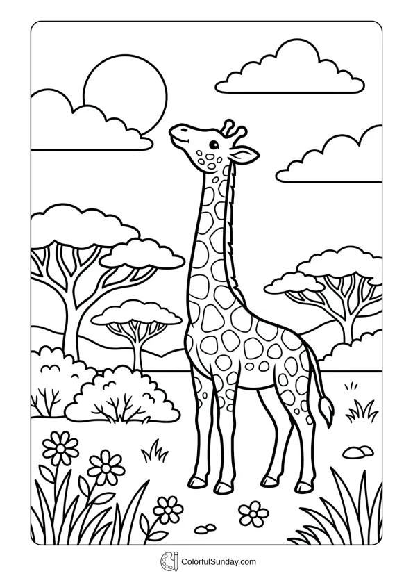 A cute giraffe stretching neck high coloring page with clouds, sun, and savanna plants.
