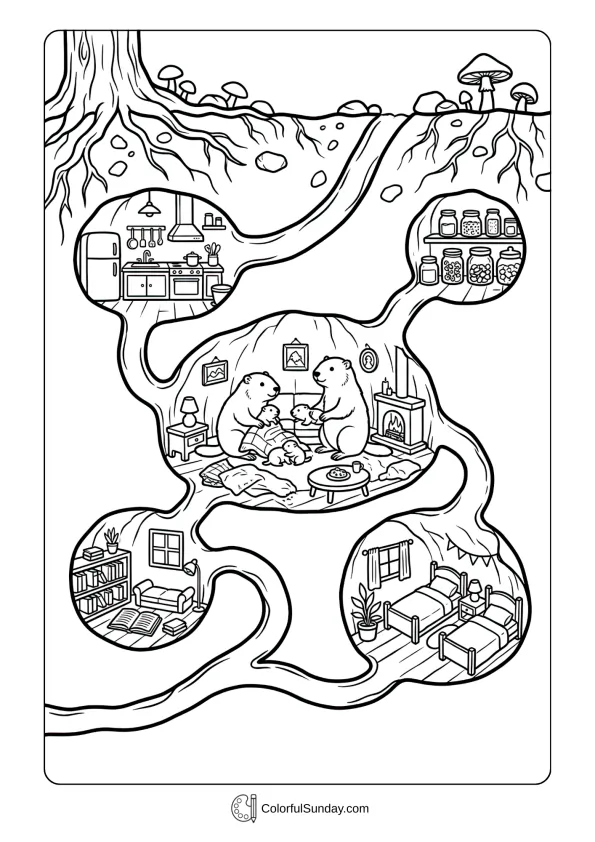 Detailed underground burrow scene featuring groundhog family in this cozy Groundhog Day coloring page
