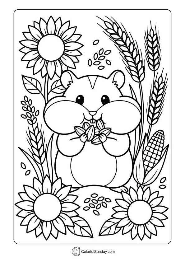 A cute hamster stuffing cheeks with seeds in this coloring page surrounded by sunflowers and grains.