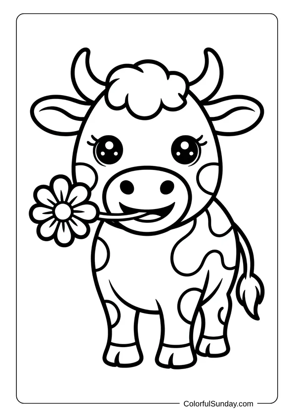Cute calf chewing on a flower while smiling sweetly, drawn in a kawaii farm animal coloring page.