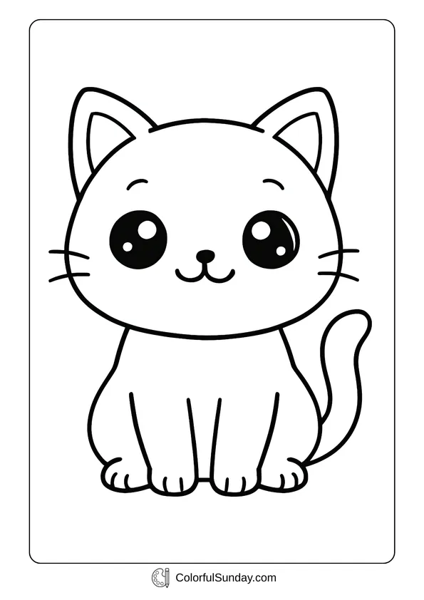 A kawaii cute cat with big sparkling eyes sitting happily in this coloring page.