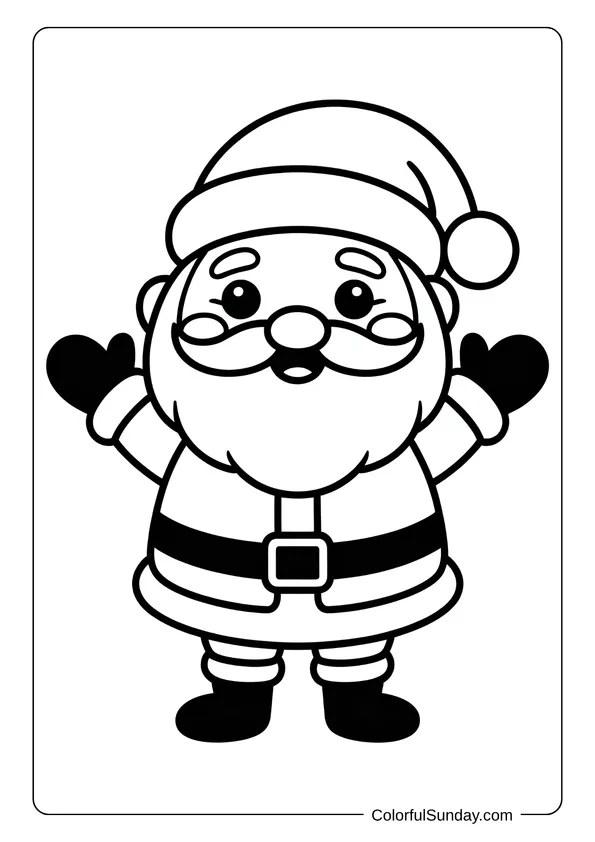 Cute and chubby Santa Claus in a kawaii style, waving happily in a Christmas coloring page for kids.