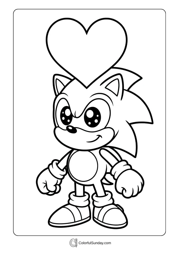 A coloring page of Sonic the Hedgehog in super cute kawaii style with big eyes coloring page