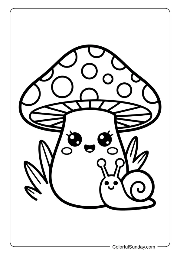 Cute toadstool mushroom with a smiling snail beside it, captured in a kawaii-themed coloring page.