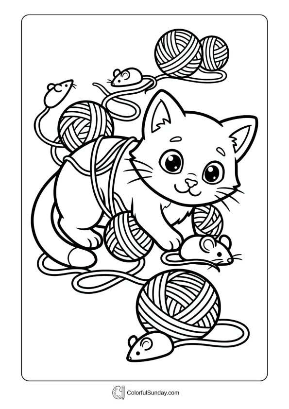 A coloring page of a cute kitten exploring a magical world with yarn balls and little mice.
