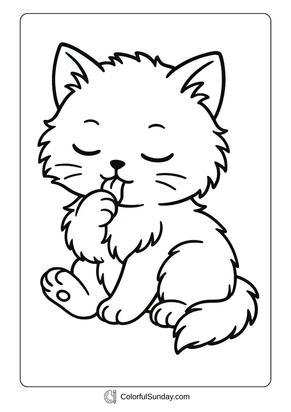 A fluffy cute cat licking its paw with eyes closed in a coloring page style.