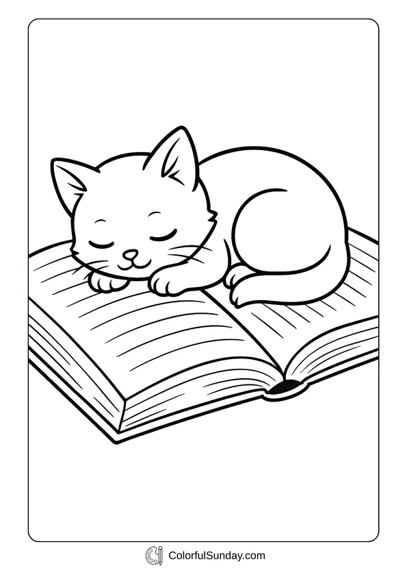 A coloring page of a cute kitten sleeping peacefully on top of an open book.