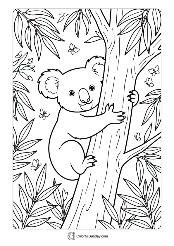 A coloring page of a cute koala hugging a tree surrounded by eucalyptus leaves and little butterflies.