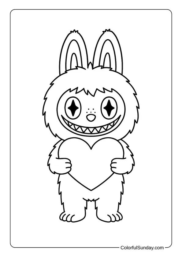 Labubu holding a large heart with a sweet smile in this affectionate coloring page.