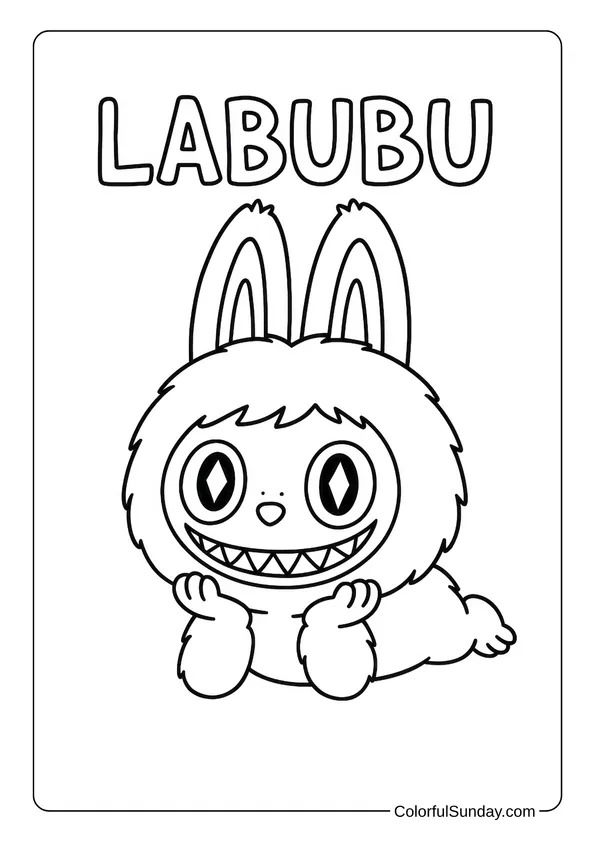 Labubu lying on the floor with a big smile under the word LABUBU in this cute coloring page.