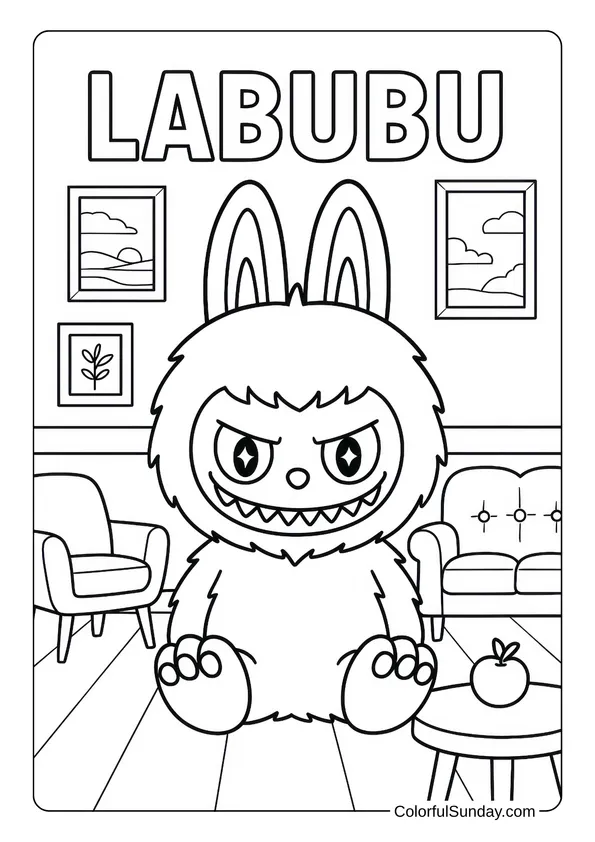 Labubu sitting indoors under a big LABUBU title with a curious look in this coloring page.
