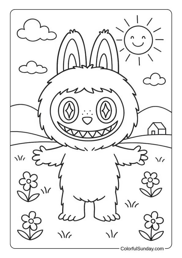 Labubu standing in a sunny field surrounded by flowers and stretching arms wide in this cheerful coloring page.