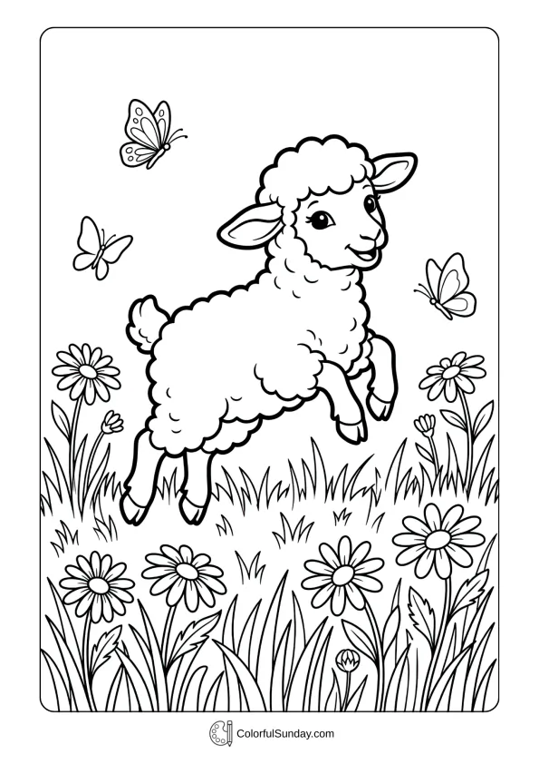A coloring page featuring a cute lamb frolicking in a meadow filled with daisies and butterflies.