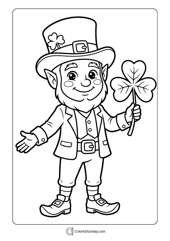 Coloring page artwork of a cute leprechaun holding a shamrock to honor Irish tradition.