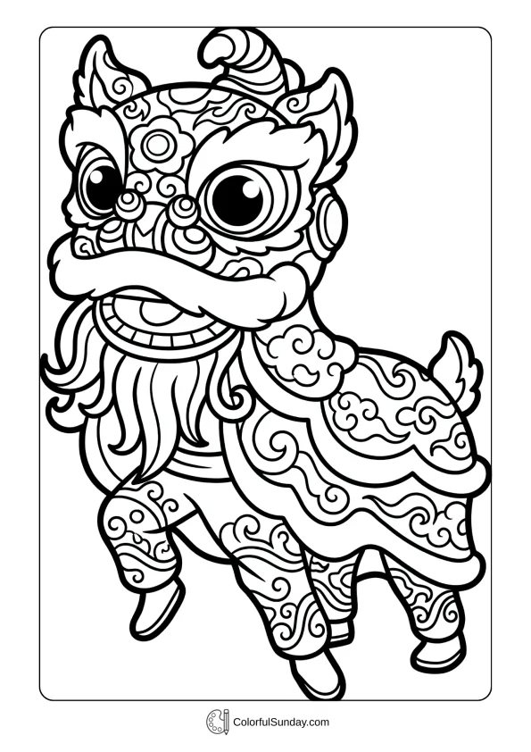 Playful lion dancer with decorative costume in Chinese New Year coloring page