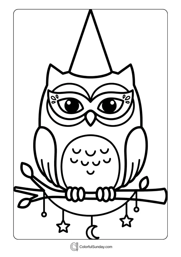 Sweet owl character wearing festive mask and party hat in a cute Mardi Gras coloring page.