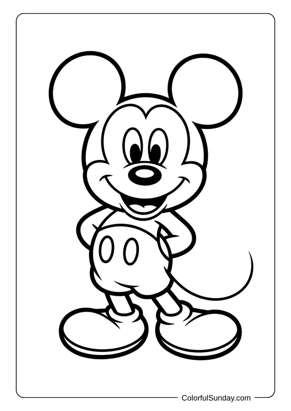 Cute Mickey Mouse standing with hands on his hips and smiling in this coloring page.