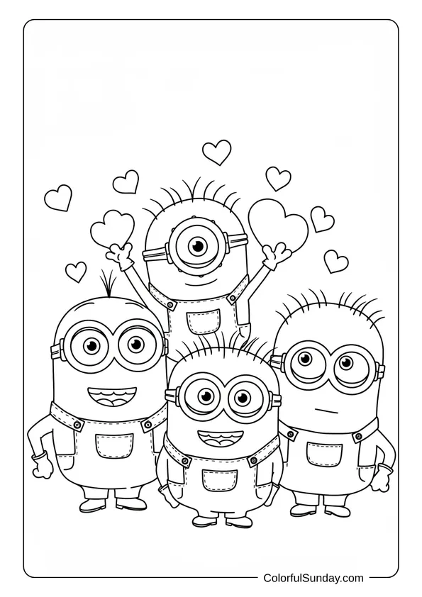 Four happy Minions surrounded by floating hearts smiling together in a joyful Minions coloring page.