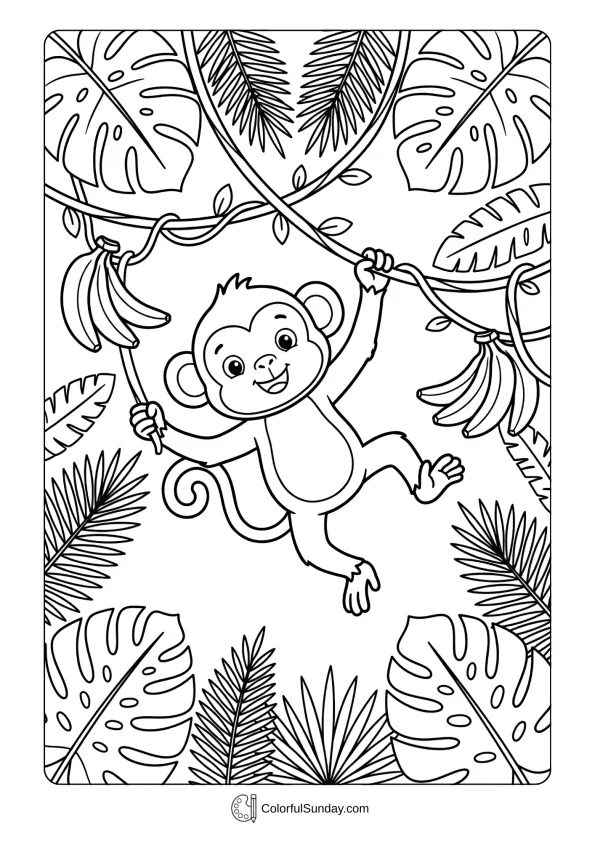 A cute monkey swinging on vines in this coloring page with bananas and tropical leaves everywhere.