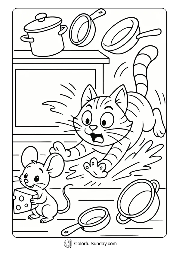 Pokemon Badges And Logo Coloring Page In a kitchen scene, a cat chases a mouse holding cheese while pans fall around in this coloring page.