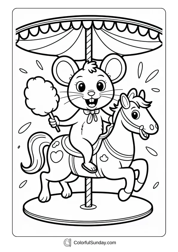 Pokemon Badges And Logo Coloring Page At the fairground, a cute mouse rides a carousel horse holding cotton candy in a coloring page.