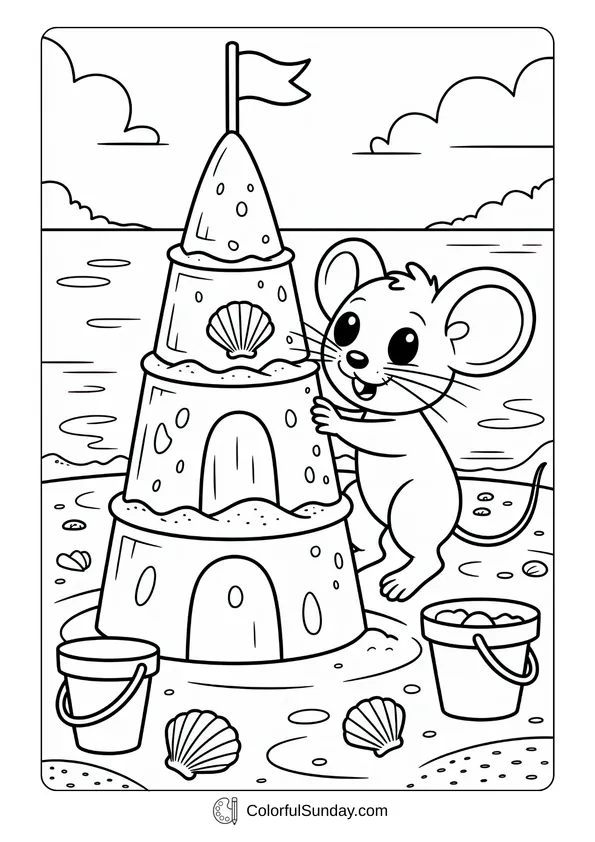 Pokemon Badges And Logo Coloring Page Coloring page of a mouse on the beach happily building a tall sandcastle with buckets and shells.