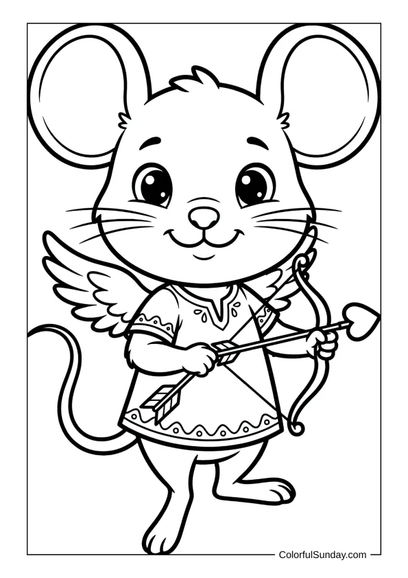 Cute mouse cupid with wings and heart arrows in a simple line art coloring page.
