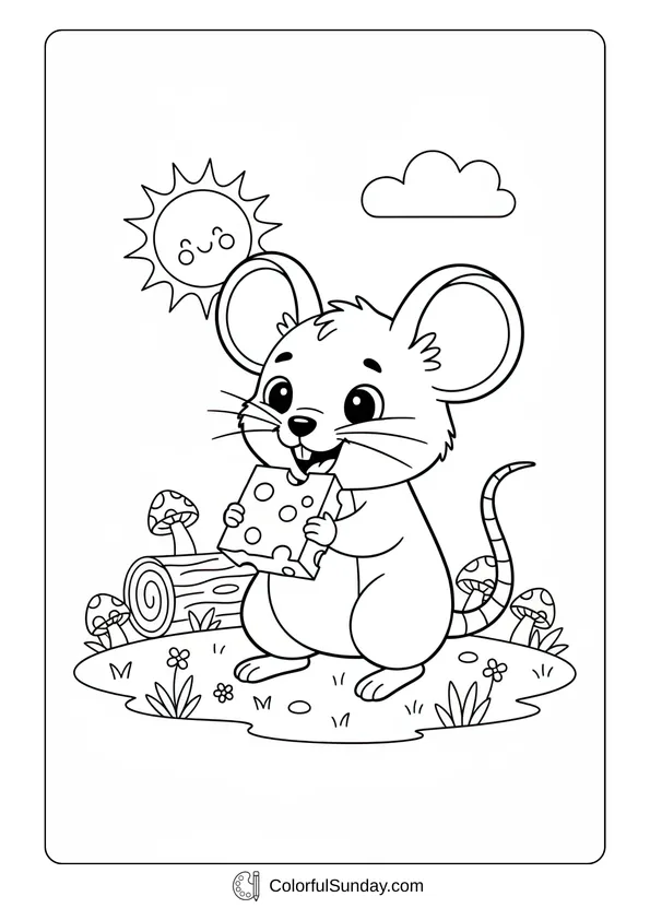 Coloring page of a cute mouse sitting outdoors happily holding a piece of cheese.
