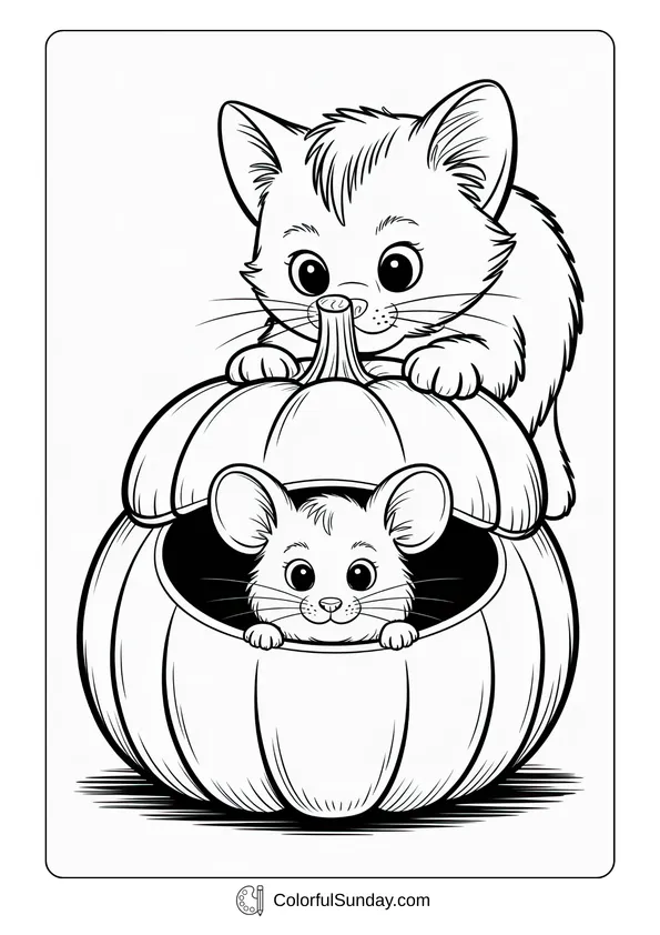 Pikachu From Pokemon Coloring Page Coloring page of a cat spotting a mouse hiding inside a pumpkin in the garden.
