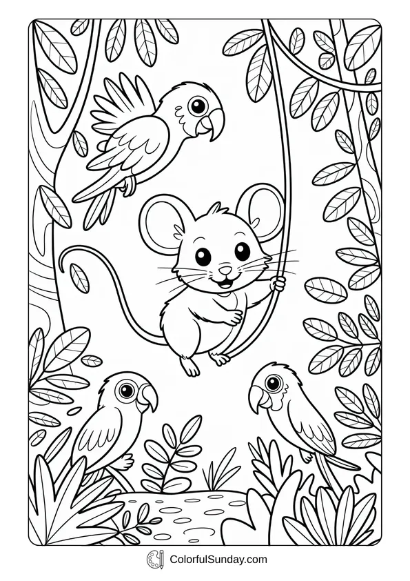 Pokemon Badges And Logo Coloring Page In the jungle, a cute mouse swings on a vine surrounded by parrots in this adventure coloring page.