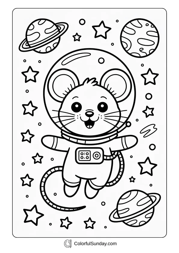 Pokemon Badges And Logo Coloring Page Coloring page of a cute mouse astronaut floating in space with planets and stars all around.