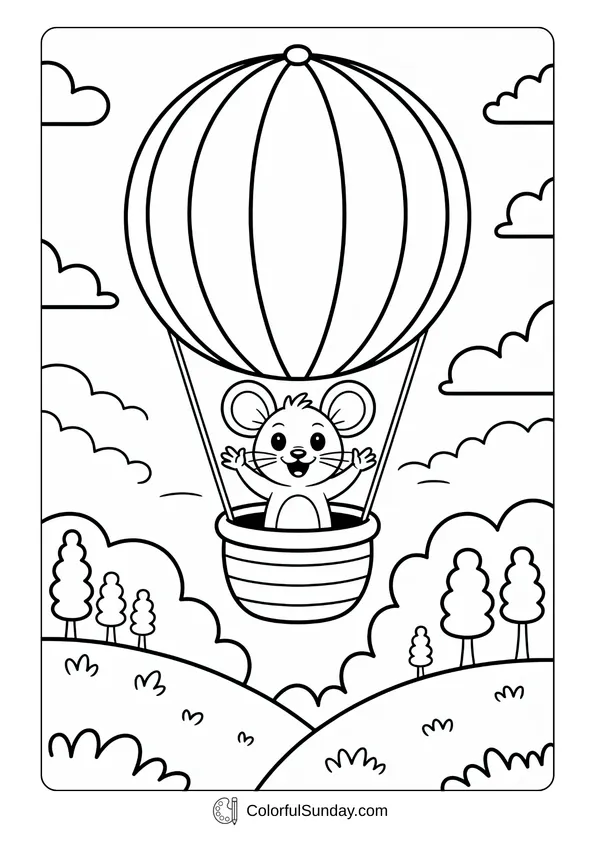 Pokemon Badges And Logo Coloring Page Coloring page of a cheerful mouse waving while riding in a hot air balloon above the hills.