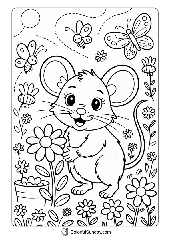 Pikachu From Pokemon Coloring Page Coloring page with a cute mouse holding flowers while butterflies and bees fly around.
