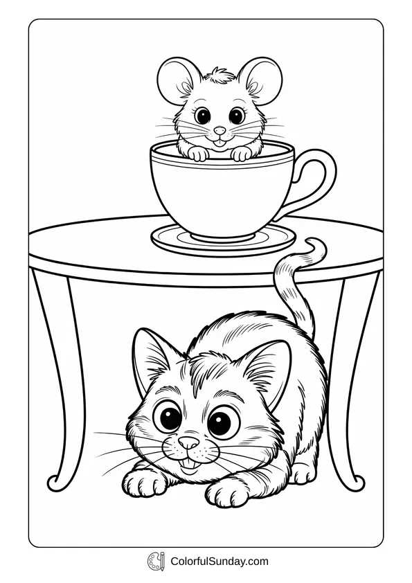 Pokemon Badges And Logo Coloring Page A mouse hides in a teacup on a table while a cat waits below in this coloring page.
