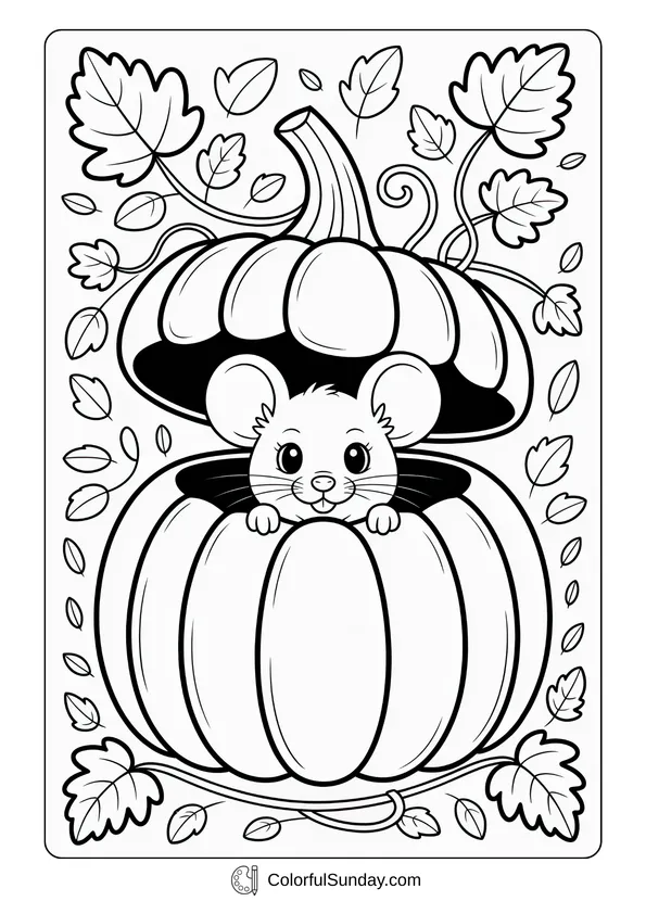 Pikachu From Pokemon Coloring Page Coloring page of a cute mouse peeking out of a pumpkin surrounded by autumn leaves.