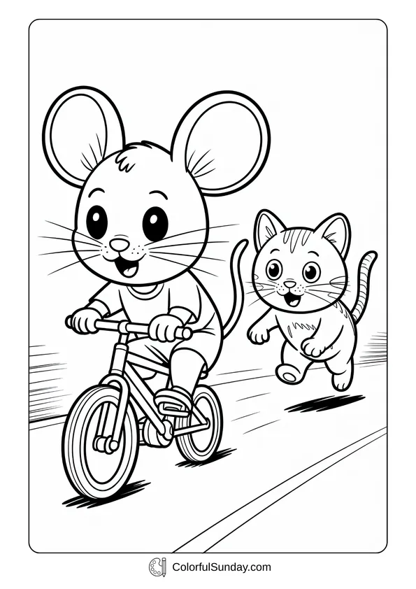 Pikachu From Pokemon Coloring Page Coloring page of a cute mouse riding a bicycle quickly while a cat runs close behind.