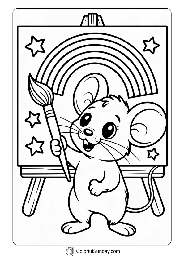 Pikachu From Pokemon Coloring Page In front of an easel, a cute mouse paints a rainbow with stars in this coloring page.